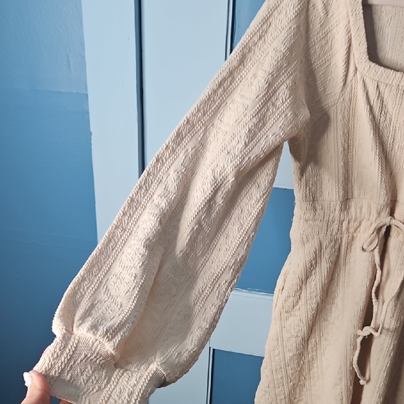 Listicle Cream Ribbed Tie Front Long Sleeve Dress - Picture 3 of 12